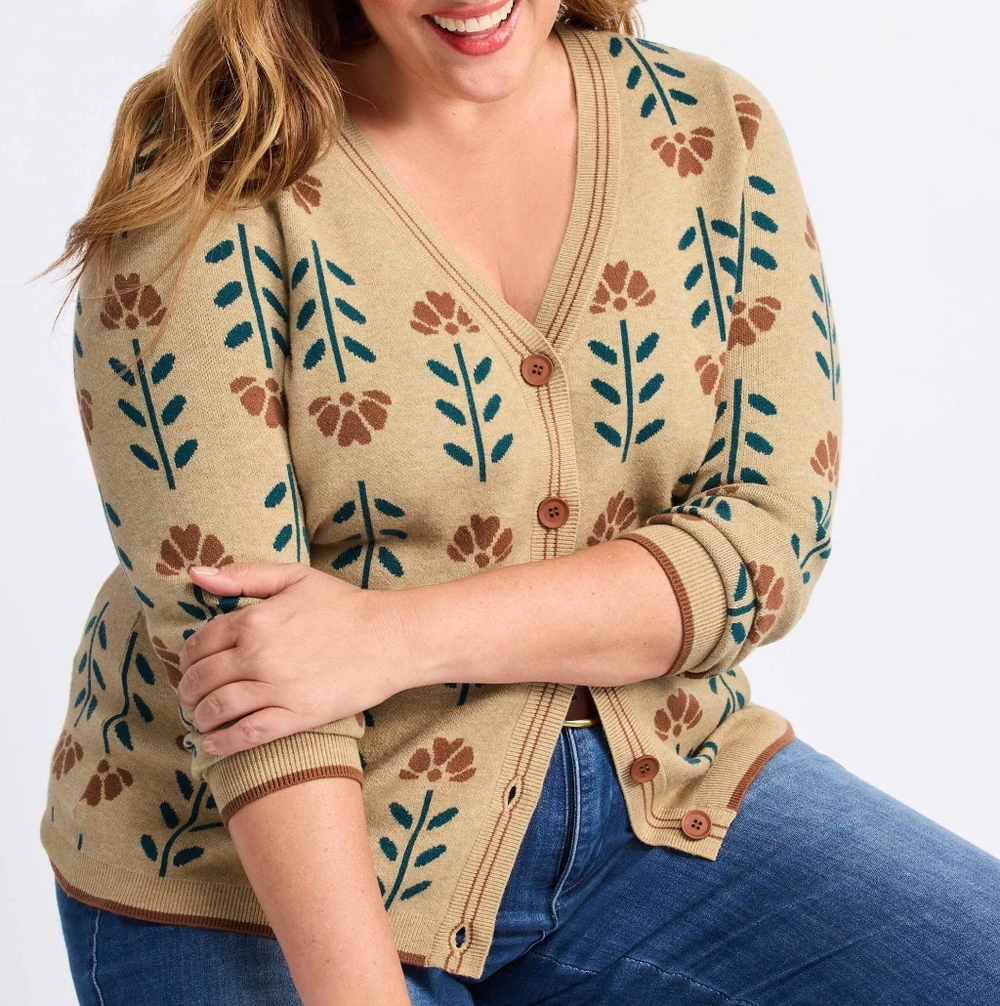 Daniel Rainn Mustard Floral Button-Front Cardigan with Rust & Teal Accents